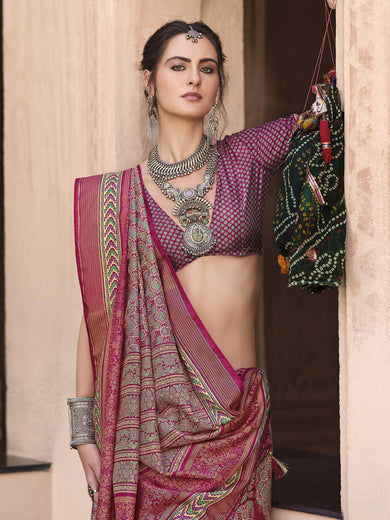 Beautiful Wine Patola Printed Silk Casual Wear Saree With Blouse